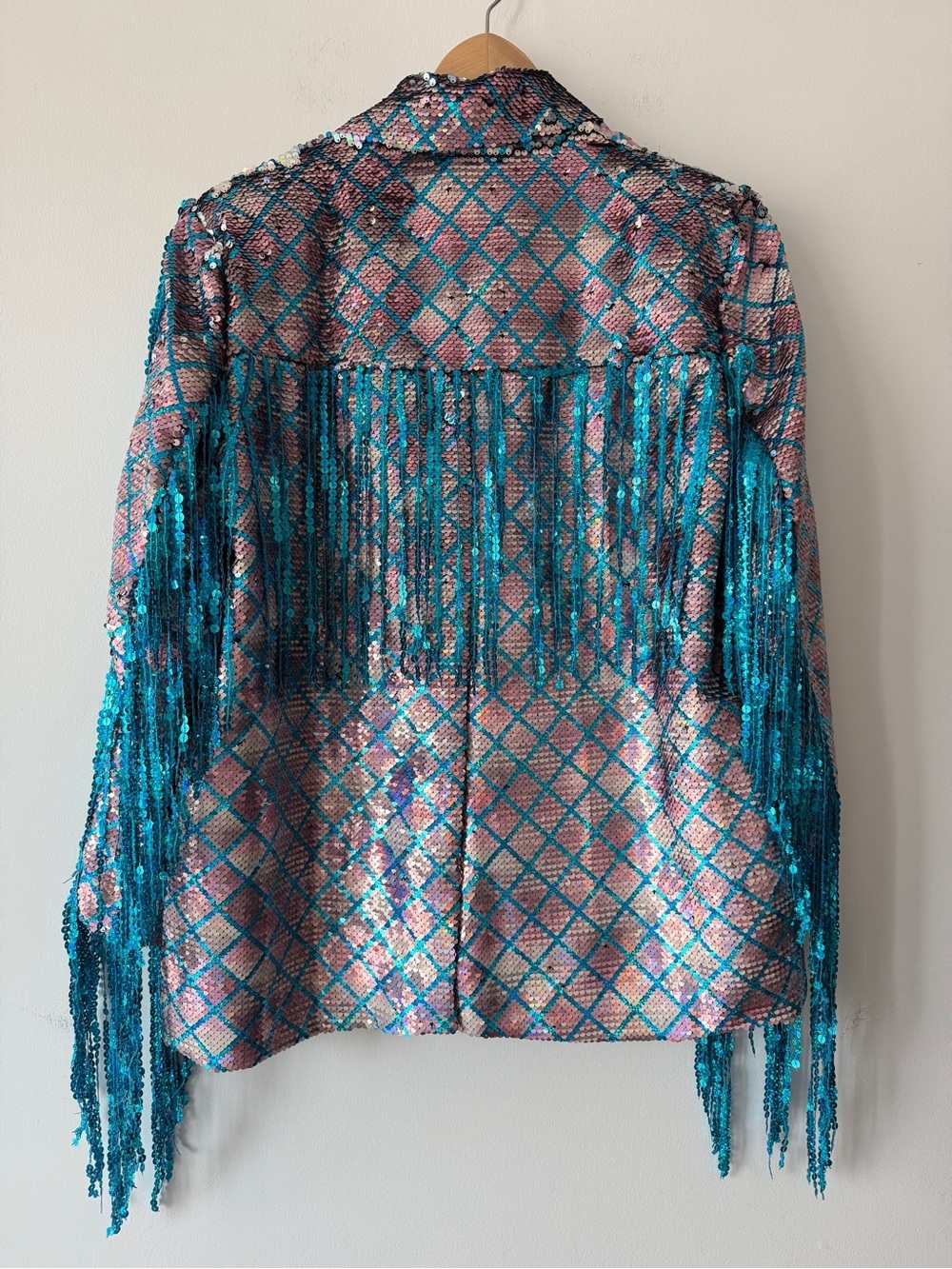 Nasty Gal Premium Sequin Fringe Blazer Rainbow Diamond Check Jacket Size 6 - Picture 3 of 9